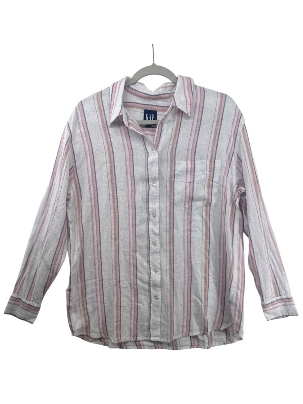 Gap Women Button Shirt Sz M White/Pink Stripe Linen Blend Classic Beachy Coastal - Picture 1 of 11